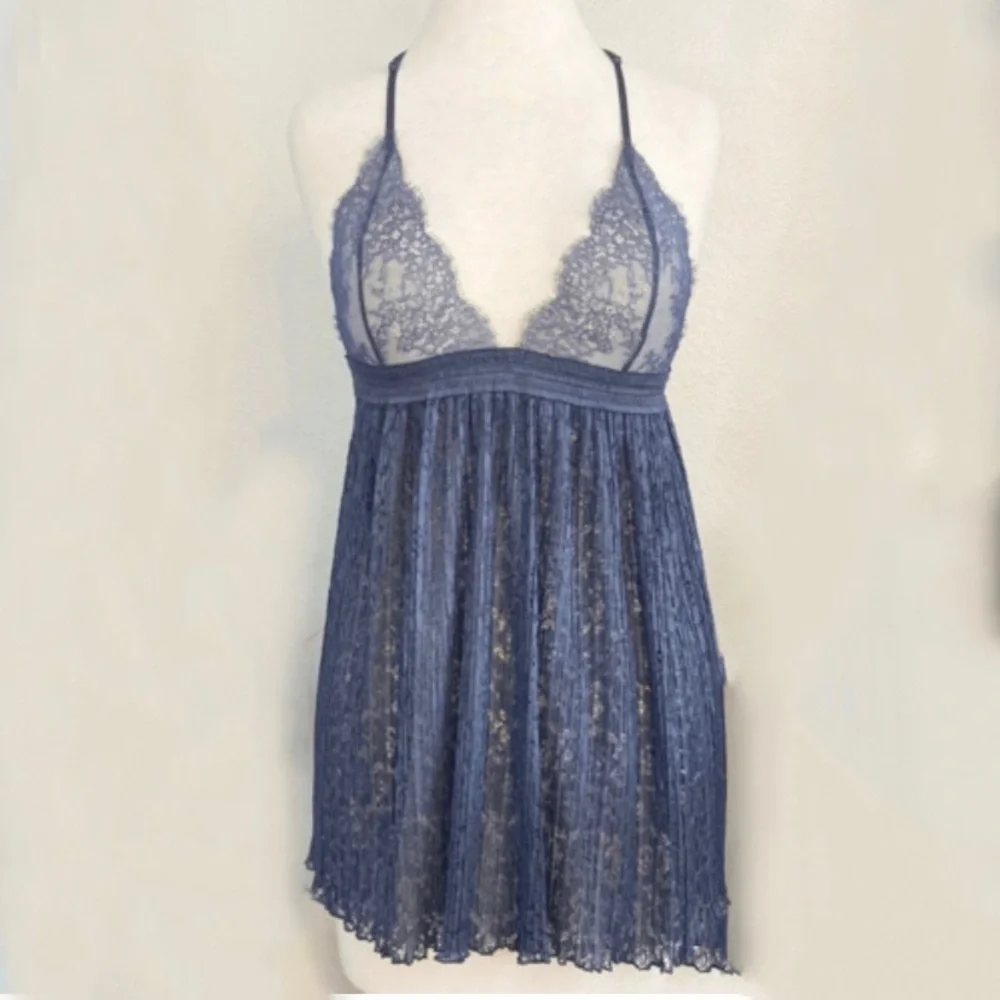 NWOT Victoria's Secret VERY SEXY Pleated Flyaway Babydoll Slip Steel Blue XS